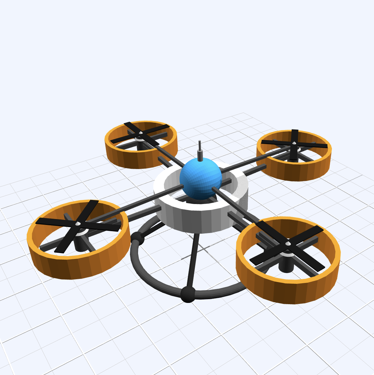 Quadcopter drone with four propellers and landing gear